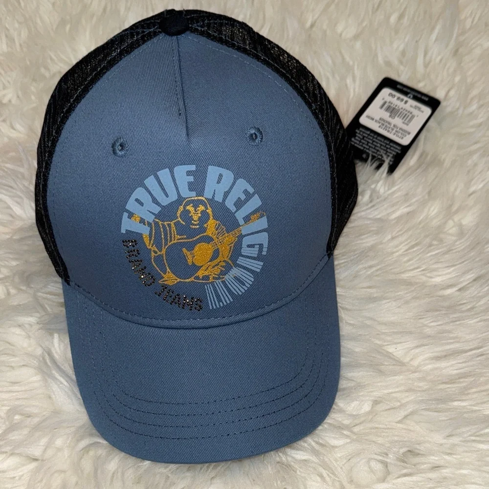 NWT True Religion Blue and Black Logo Trucker Hat